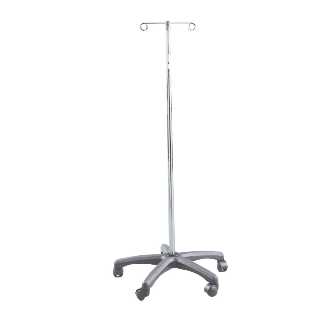 The Drive Deluxe IV Pole features a durable 5-leg base for stability and two hooks for IV bags, making it an essential chrome-plated medical supply for healthcare settings.